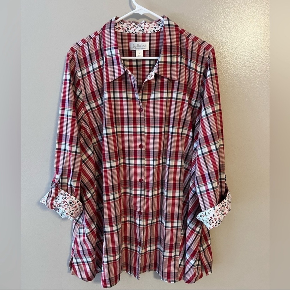C.J. Banks Blouse Button Up Plaid Roll Tab Sleeves 3X Patchwork Cotton Floral